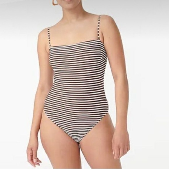 J. Crew Bandeau One Piece Bathing Suit in Bold Stripe White/Brown Size 10 NWT - Picture 1 of 7